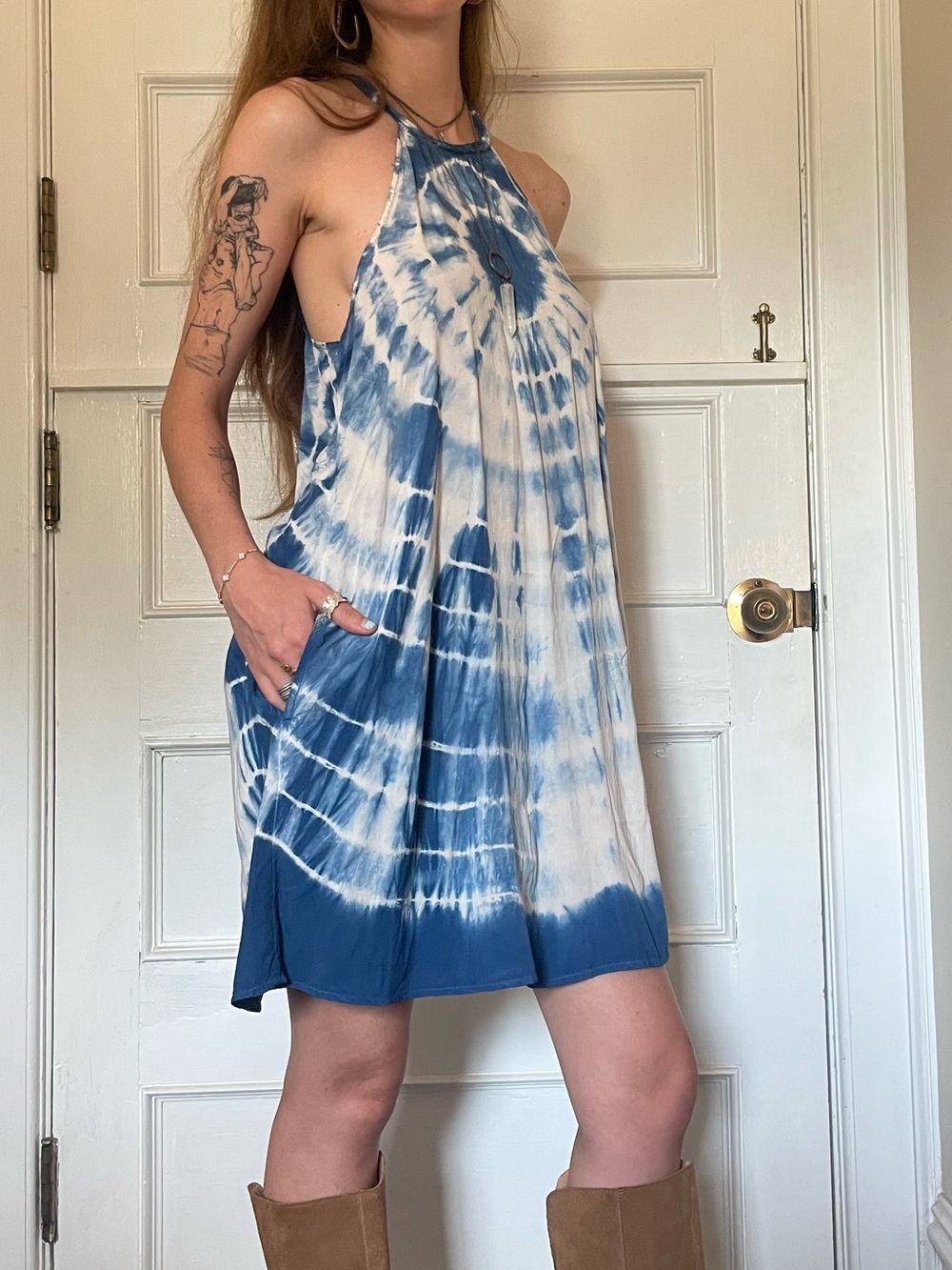 Halter Tie-Dye Swing Dress - Blue and White
